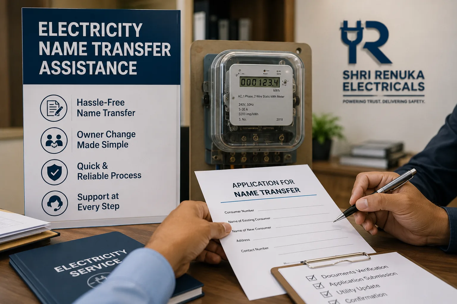 Electricity connection name transfer application being filled out with meter and Shri Renuka Electricals branding
