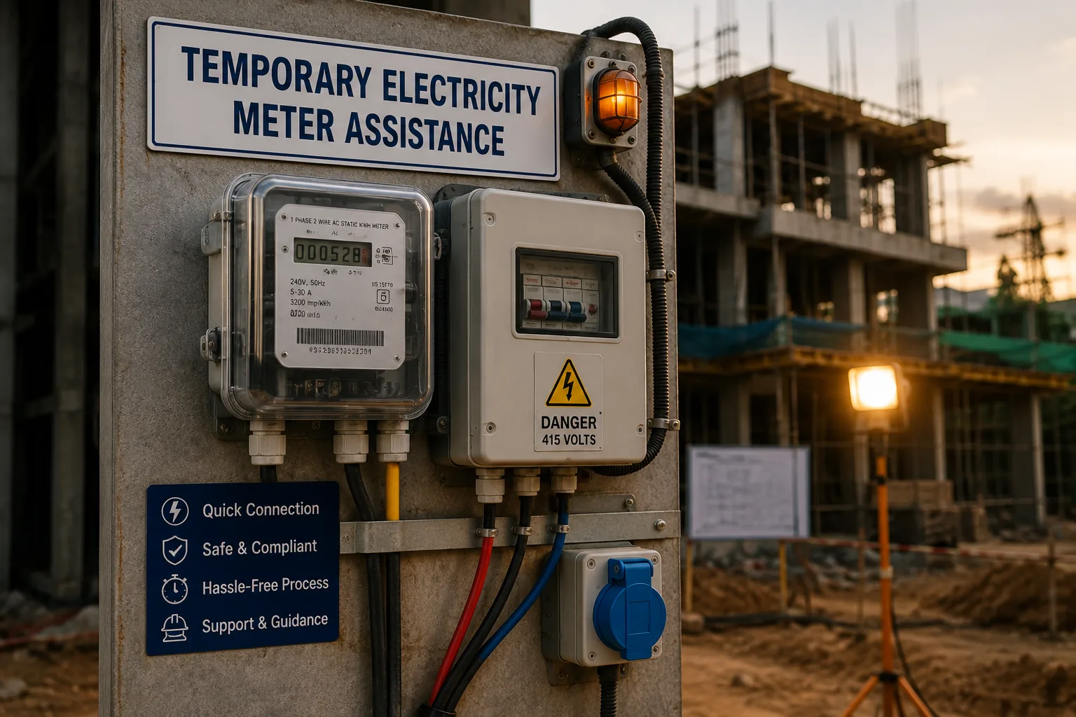 Temporary electricity meter installed on-site at a construction project