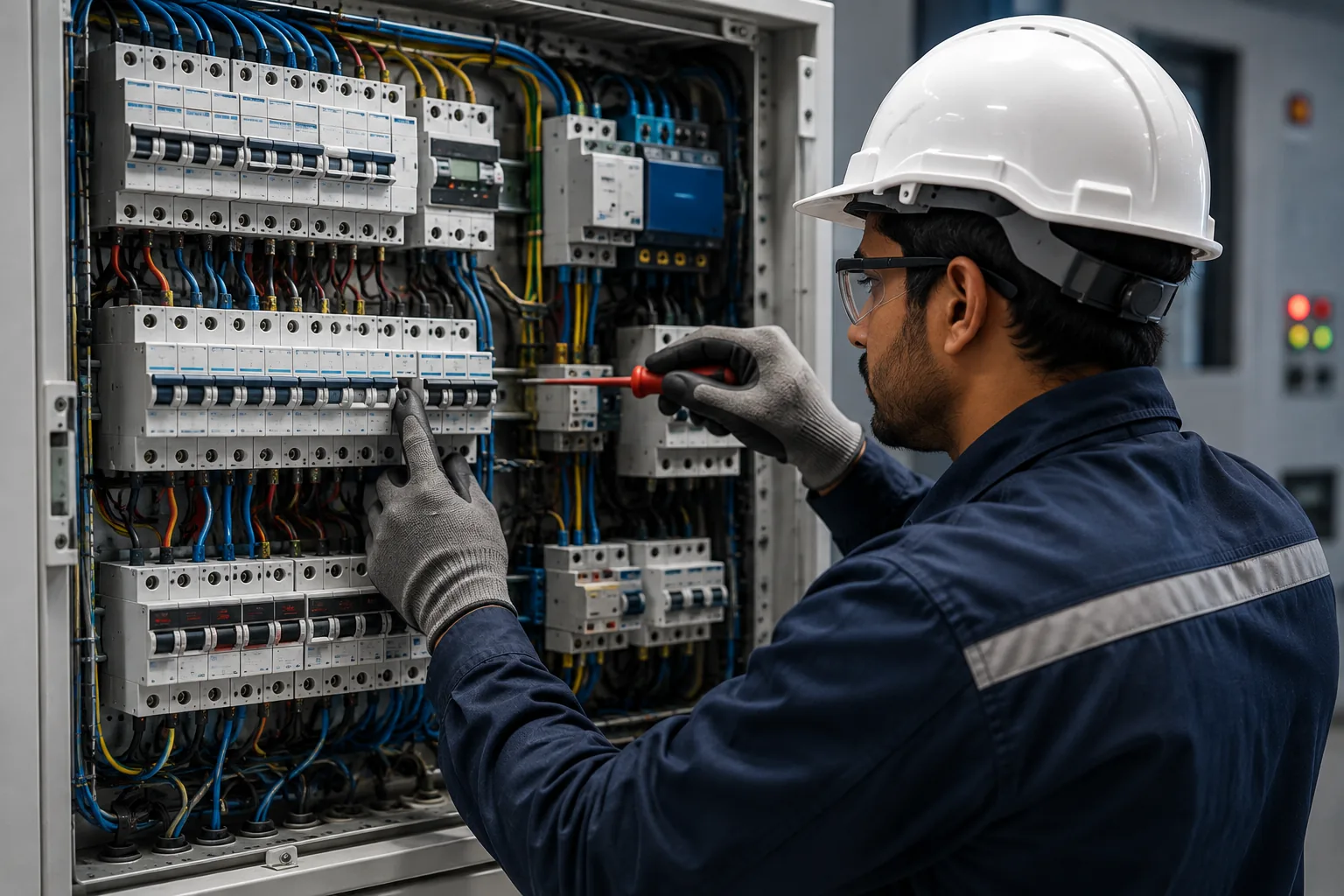 Electrical contractor in safety gear inspecting a distribution panel
