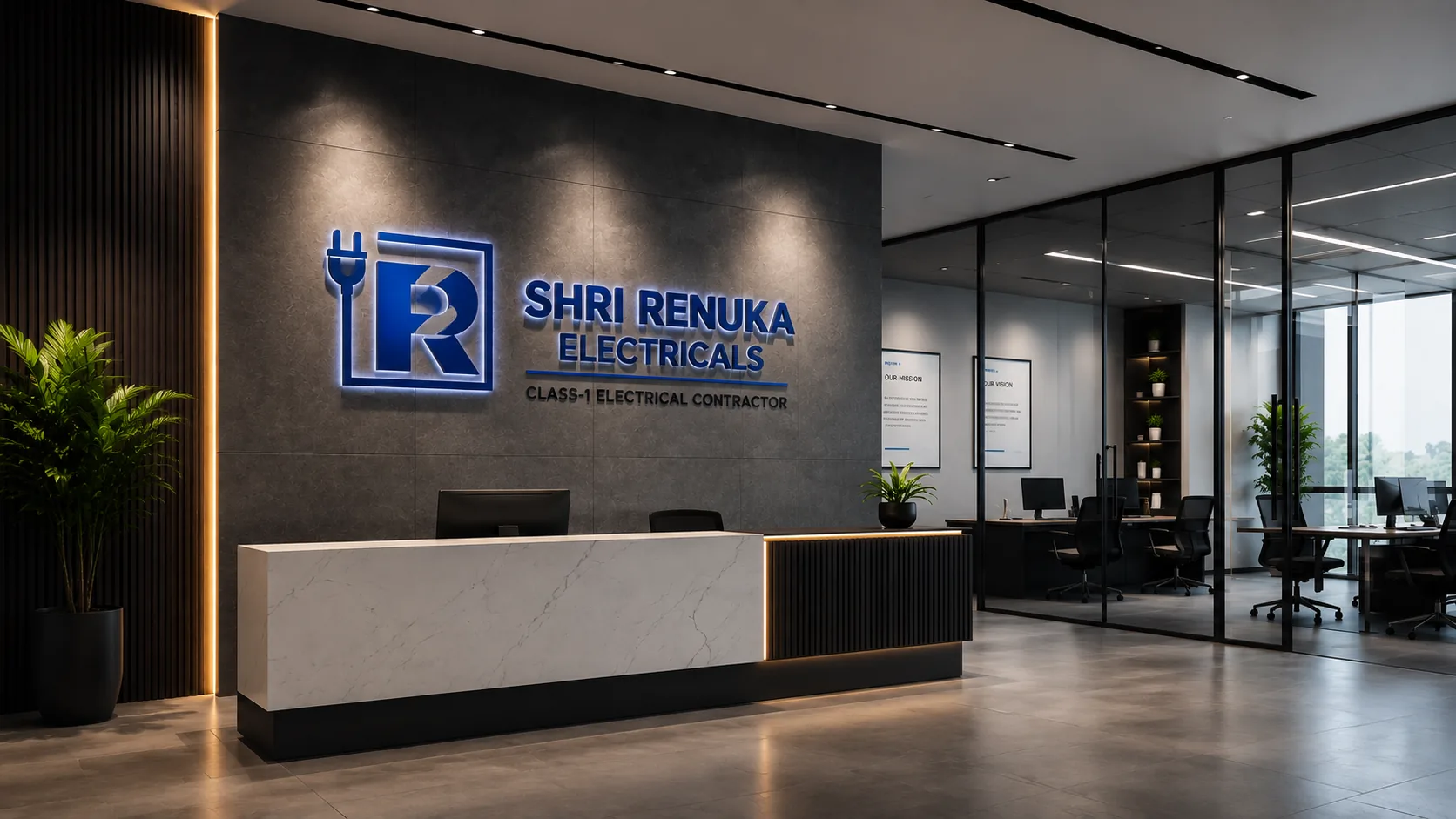 Shri Renuka Electricals office reception featuring the company logo
