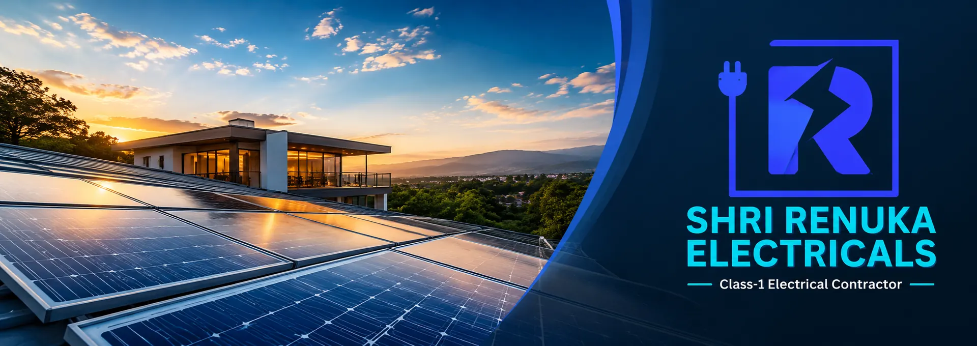 Rooftop solar panels wired into the building's electrical system at sunset